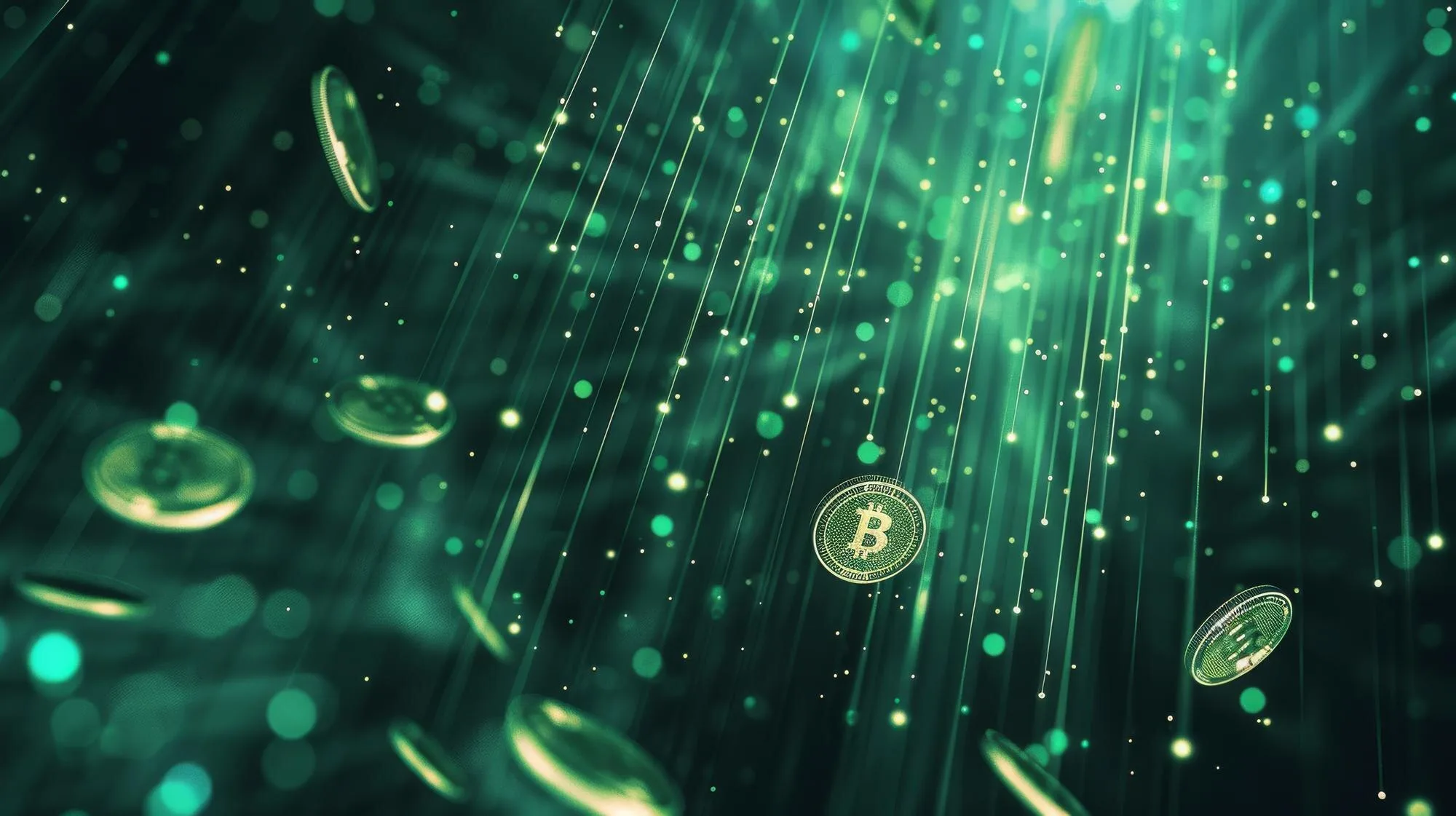 Glowing Bitcoin symbols with dynamic cryptocurrency market charts